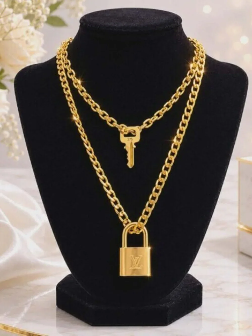 Authentic Louis Vuitton Lock & Key w/ 18k Gold Plated Chain Necklace - Picture 1 of 12
